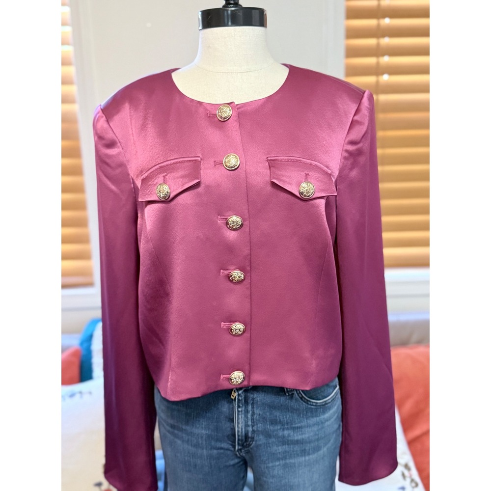 Cinq a Sept Mauve Satin Cropped Jacket Gold Crest Buttons Size 8